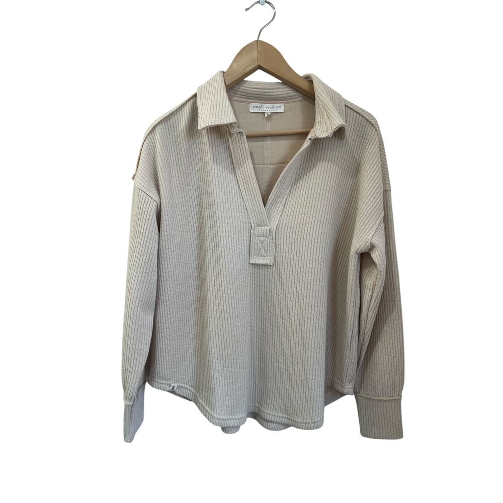 Simply Southern Ribbed Pullover Top Cream Collared Cozy Casual Size M Soft